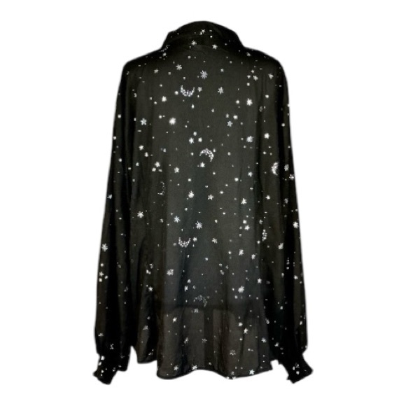 Unique Vintage NWT Black & Silver Star Moon Foil Print Bow Long Sleeve Top 4X - Picture 3 of 8